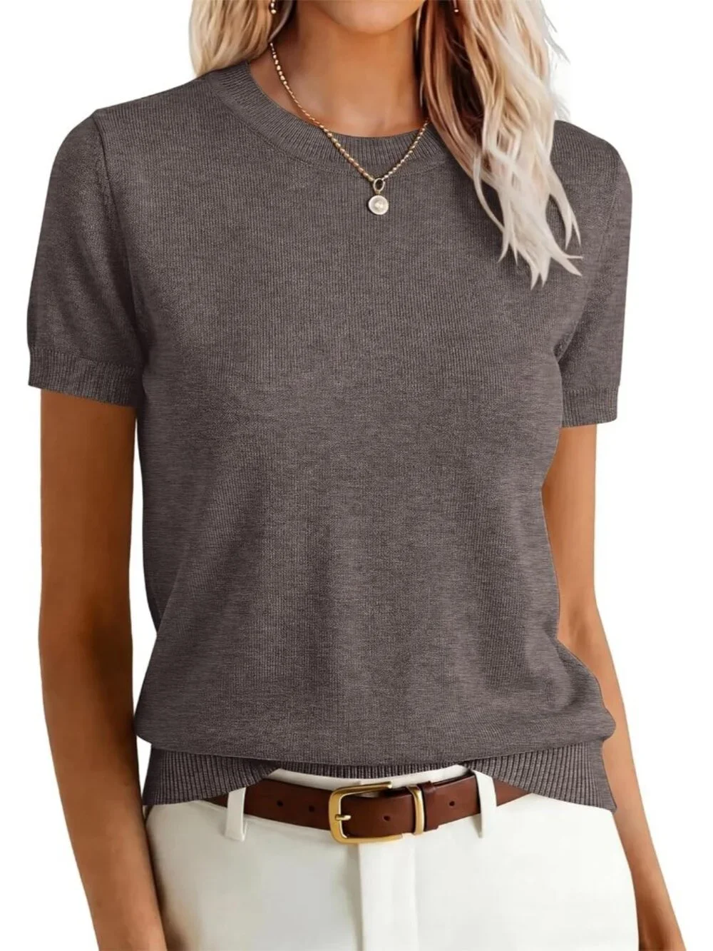 Women's Coffee Wool Blend Crew Neck Short Sleeve Casual Pull On Sweater